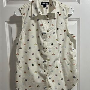 Lands' End Sleeveless White Button Down Shirt with Happy Camper Print